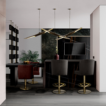 DALYAN SWIVEL DINING CHAIR, DALYAN II COUNTER STOOL, VELLUM SUSPENSION LIGHT